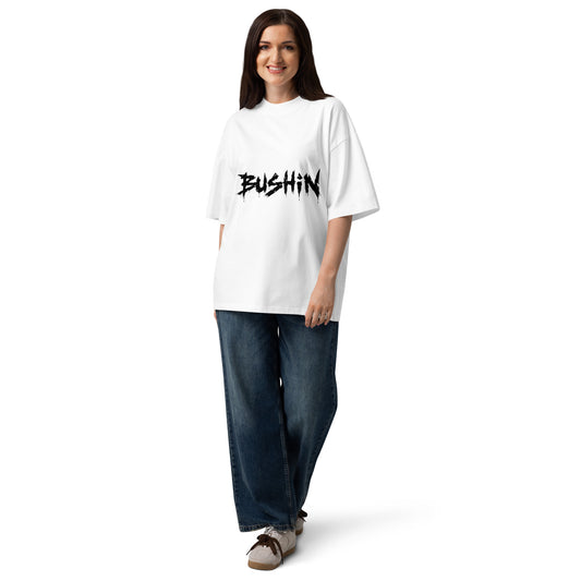 Unisex loose fit t-shirt bushin front white model