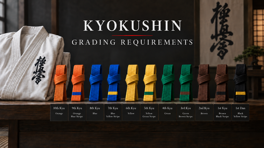 Kyokushin grading requirements showing kyu belt progression from orange to black belt