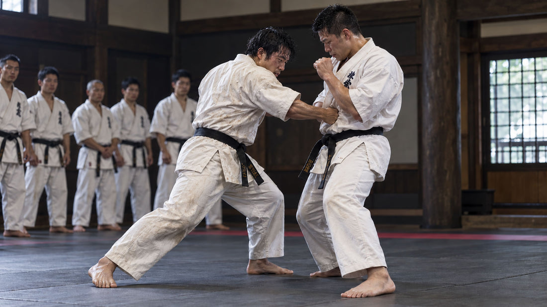 Two Kyokushin karateka sparring in a dojo while other black belts wait their turn.