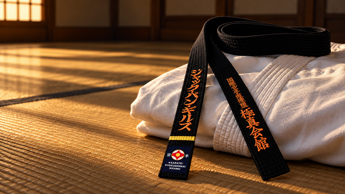 Kyokushin Shodan black belt with one gold stripe and Kyokushinkaikan embroidery resting on a folded karate gi in a dojo.