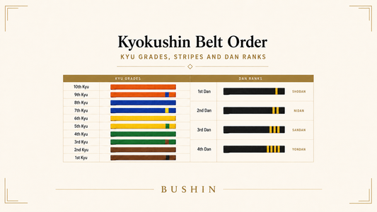 Kyokushin karate belt order showing kyu grades, coloured stripes and dan ranks