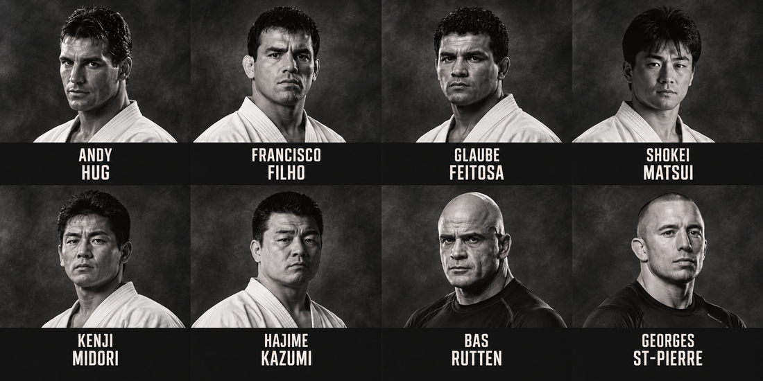 Illustrated portraits of Andy Hug, Francisco Filho, Glaube Feitosa, Shokei Matsui, Kenji Midori, Hajime Kazumi, Bas Rutten and Georges St-Pierre.