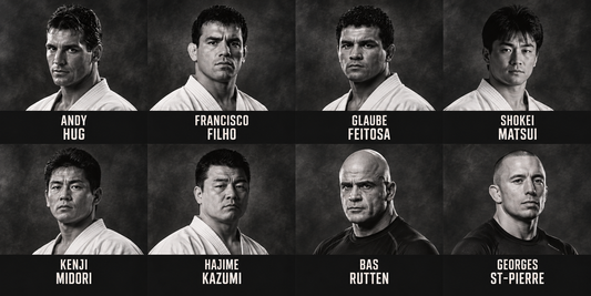 Illustrated portraits of Andy Hug, Francisco Filho, Glaube Feitosa, Shokei Matsui, Kenji Midori, Hajime Kazumi, Bas Rutten and Georges St-Pierre.