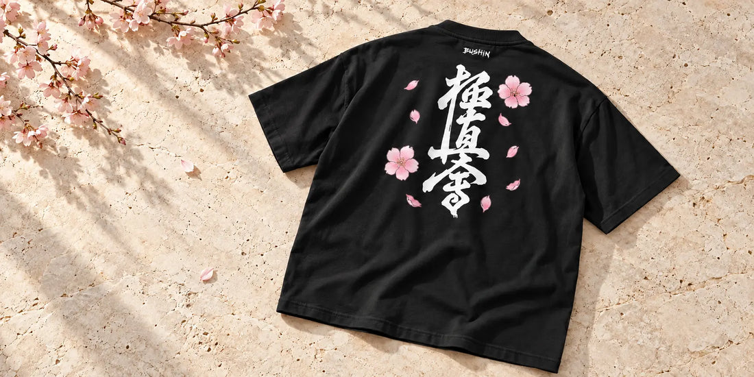 Black BUSHIN Sakura Kyokushin T-shirt with white kanji and pink blossoms, laid on light stone beside a cherry blossom branch.