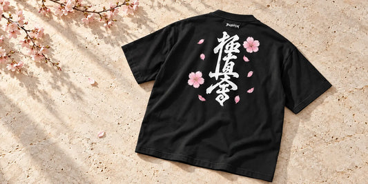 Black BUSHIN Sakura Kyokushin T-shirt with white kanji and pink blossoms, laid on light stone beside a cherry blossom branch.