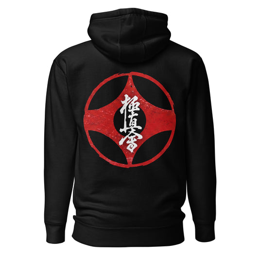 Black Kyokushin hoodie with red Kanku symbol and white kanji back print
