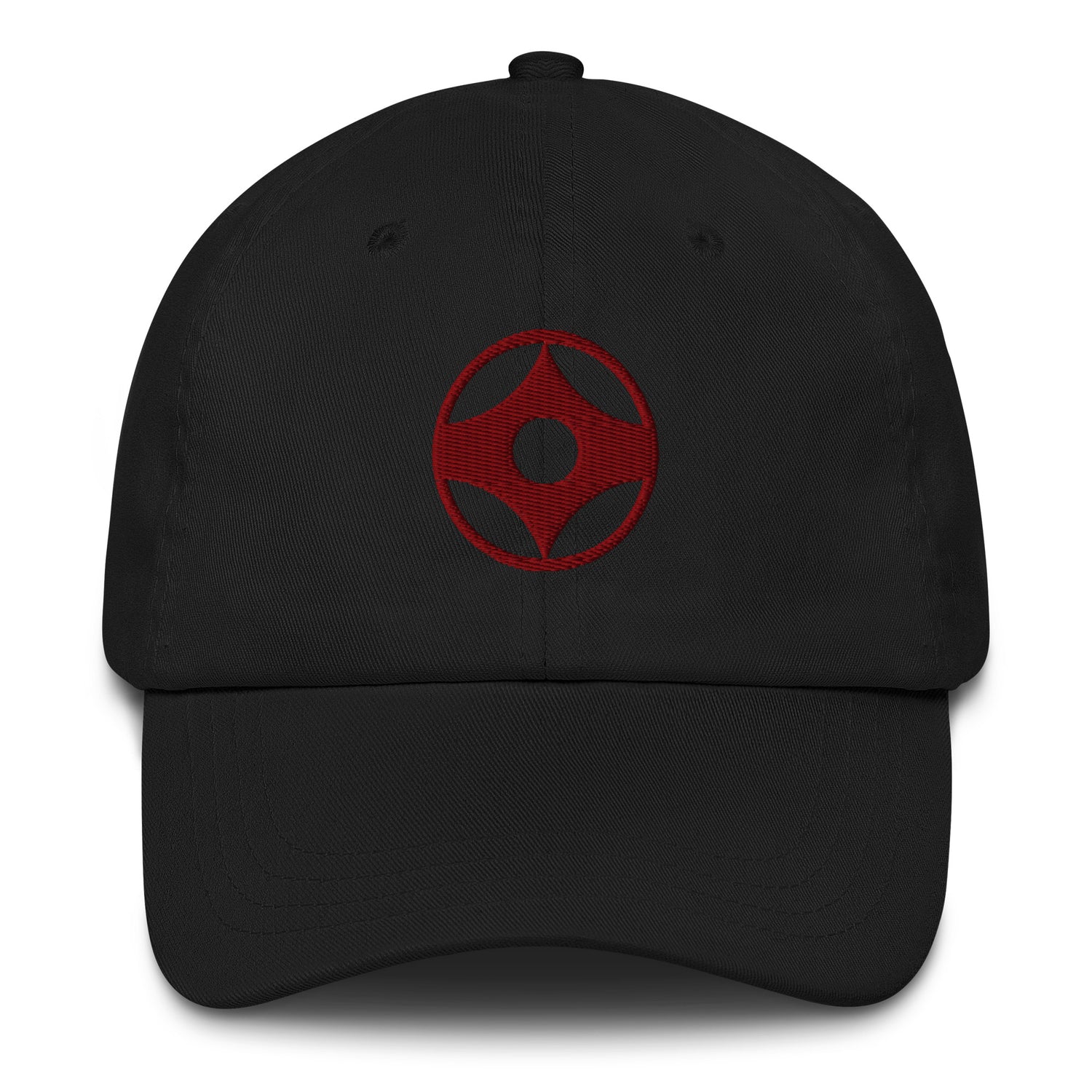 A black baseball cap with a white embroidered crown logo on the front, shown against a plain white background.