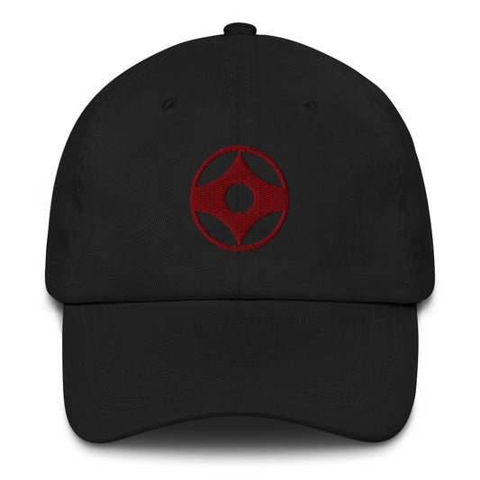 A black baseball cap with a white embroidered crown logo on the front, shown against a plain white background.
