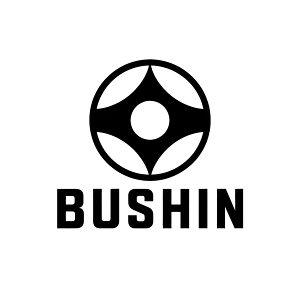 White logo and the word BUSHIN on a solid black background.