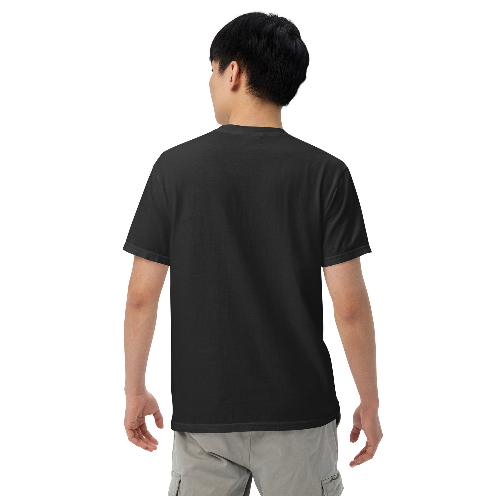 Person wearing a black t-shirt on a white background