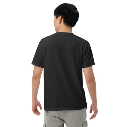 Person wearing a black t-shirt on a white background