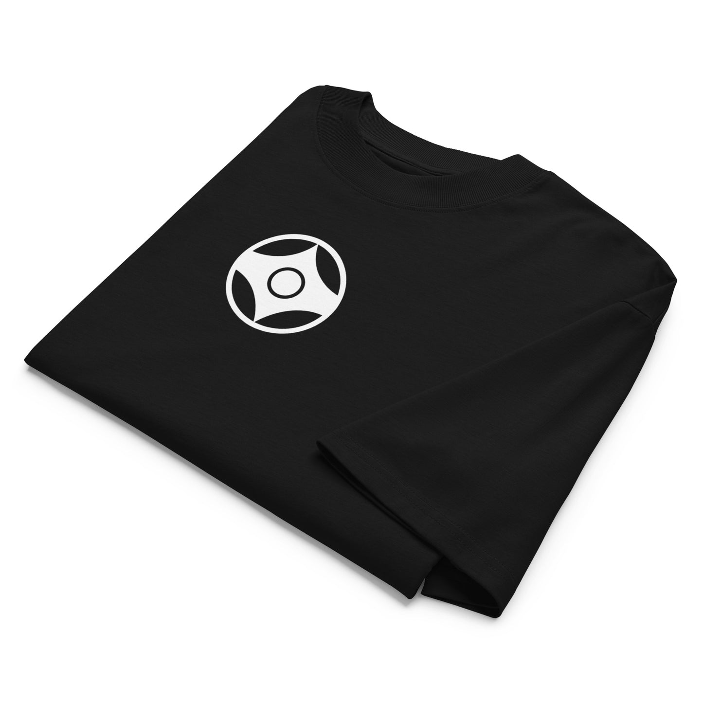 Black t-shirt with white graphic kanku design on a white background