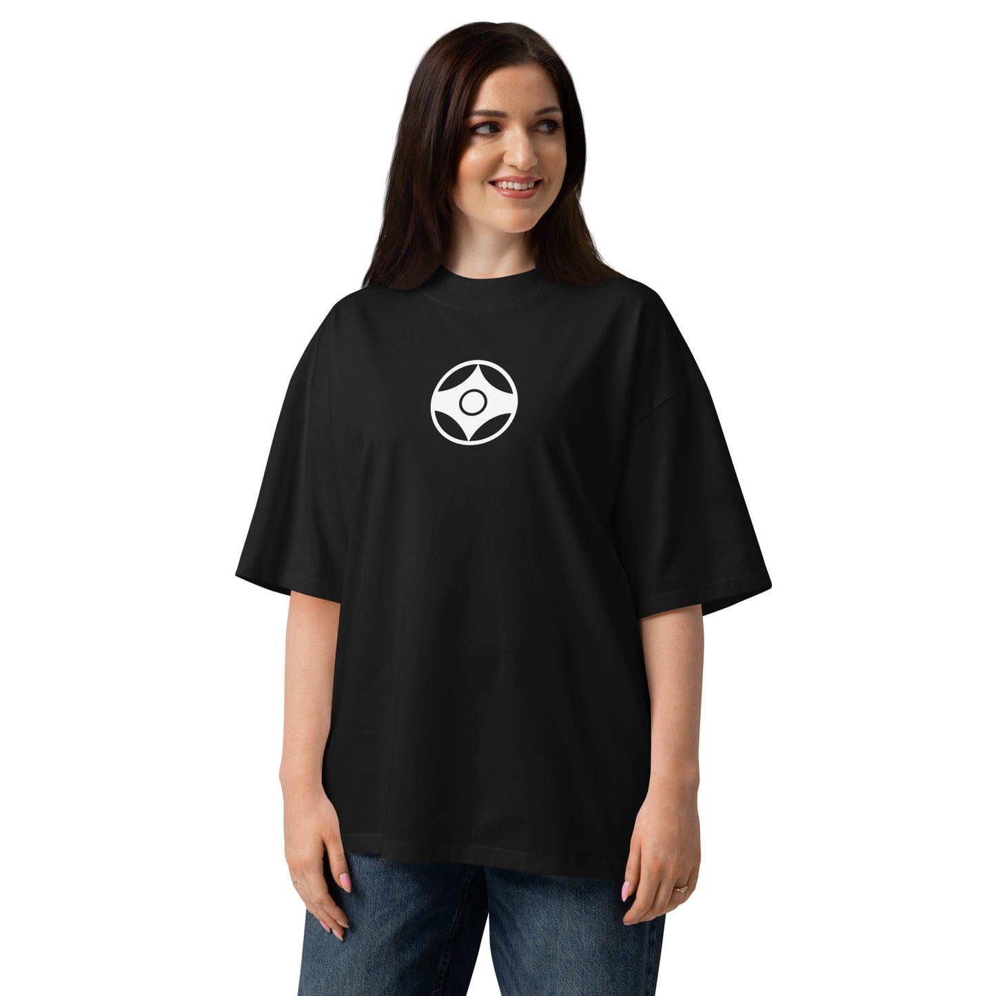 Woman wearing a black t-shirt with a logo on a white background