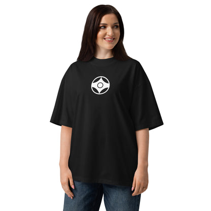 Woman wearing a black t-shirt with a logo on a white background