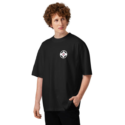 Person wearing a black t-shirt with a yellow logo and text on a white background