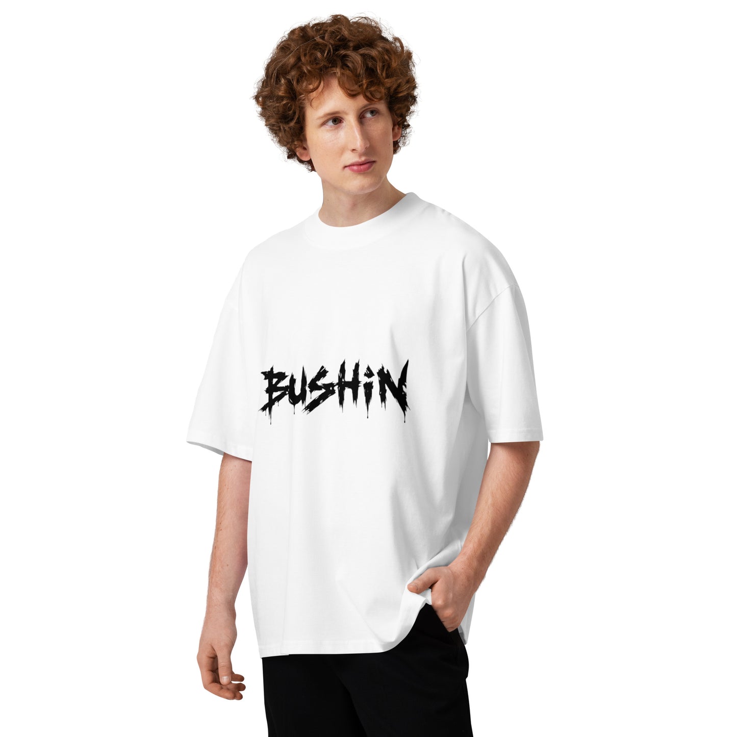 Unisex loose fit t-shirt bushin front white model