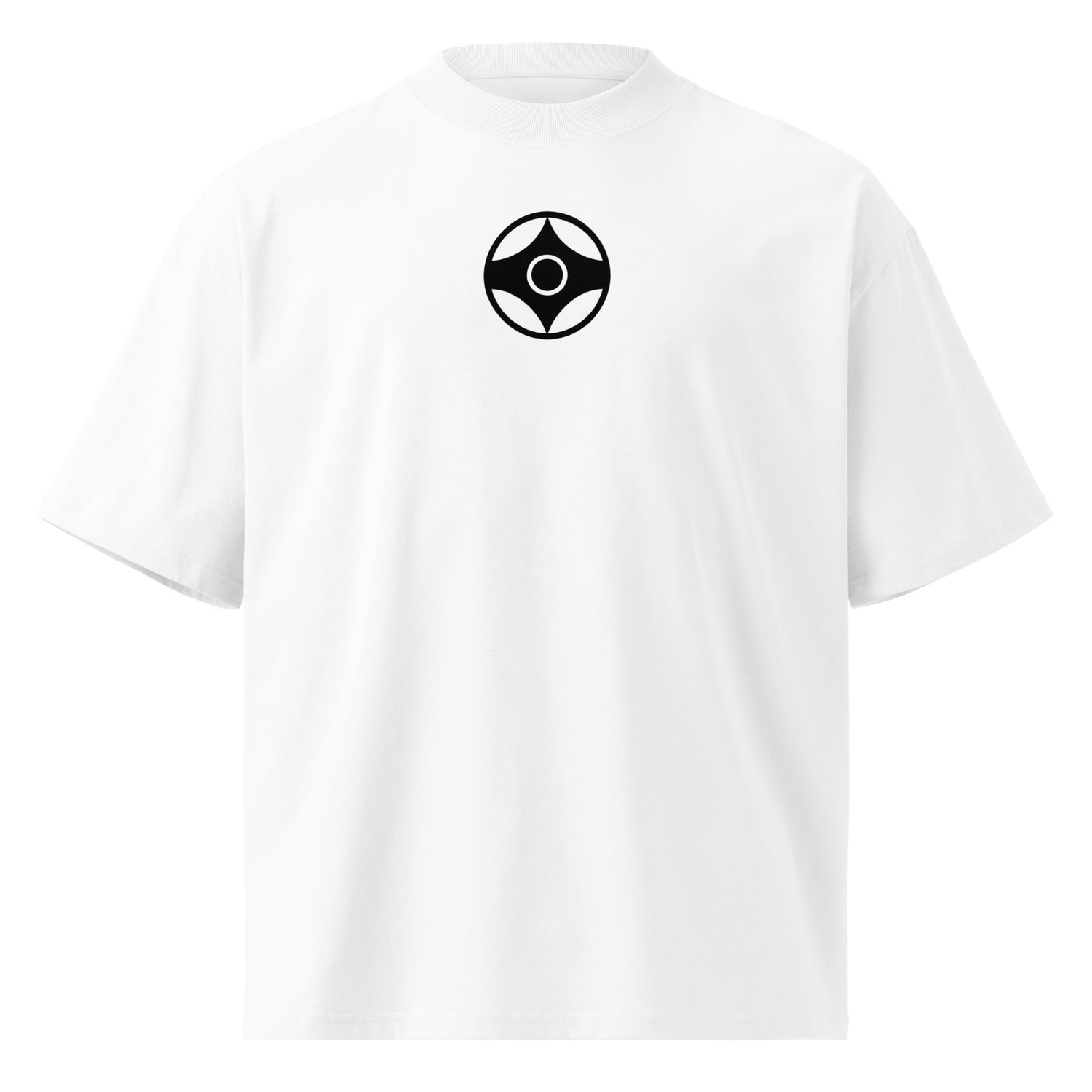 A white short-sleeve crewneck t-shirt featuring a black circular logo with a four-pointed kanku design on the center chest, displayed on a clean white background.