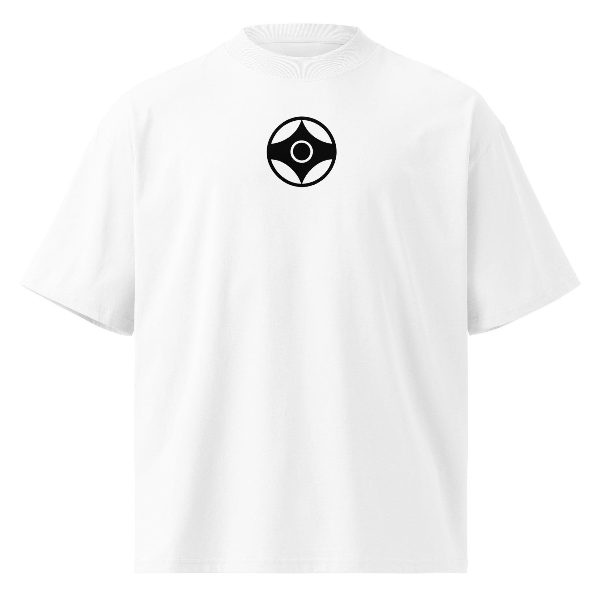 A white short-sleeve crewneck t-shirt featuring a black circular logo with a four-pointed kanku design on the center chest, displayed on a clean white background.