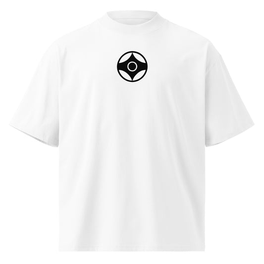 A white short-sleeve crewneck t-shirt featuring a black circular logo with a four-pointed kanku design on the center chest, displayed on a clean white background.