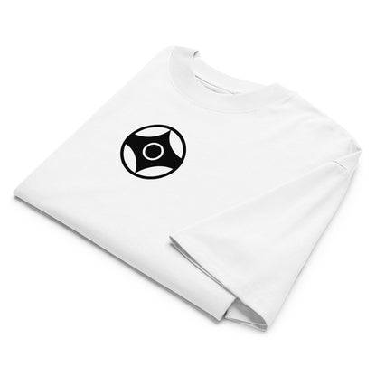 A folded white long-sleeve t-shirt with a black circular kanku graphic printed on the chest, displayed on a clean white background.