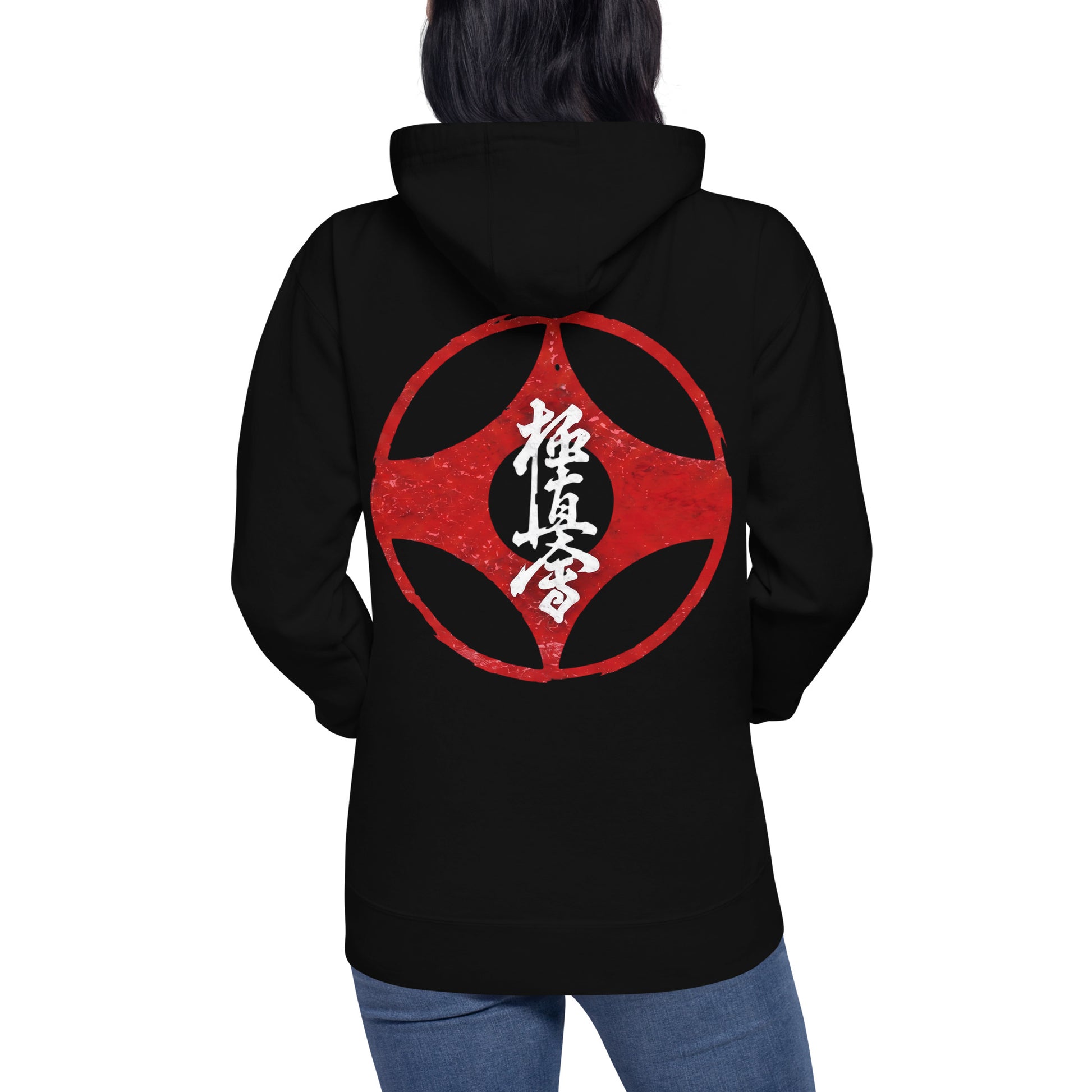A person shown from the back wearing a black hoodie with a large red circular graphic and white Japanese characters printed on the back, against a plain white background.
