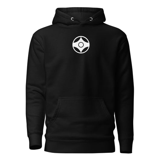Black hoodie with a white kanku logo on a white background