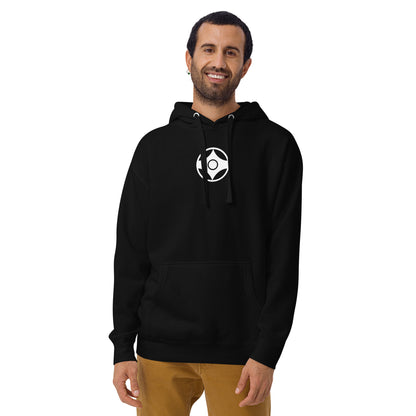 Man wearing a black hoodie with a kanku logo on a white background