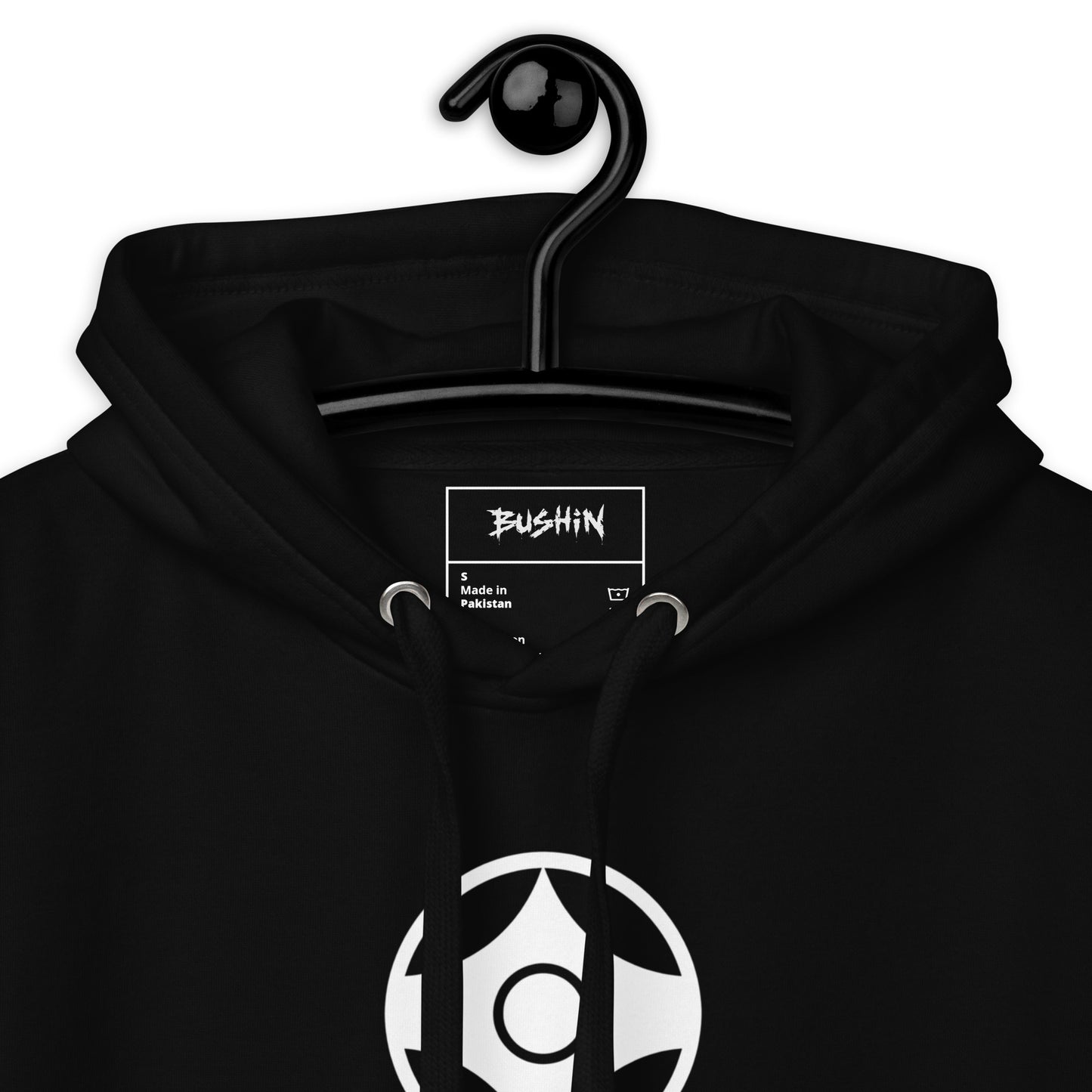 Black pullover hoodie on a black hanger, featuring a white circular graphic on the chest and a visible Bushin neck label.