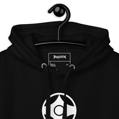 Black pullover hoodie on a black hanger, featuring a white circular graphic on the chest and a visible Bushin neck label.