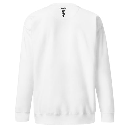 White sweatshirt with kyokushin and bushin logo on a white background